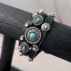 Chunky Statement Bracelet Western Theme Black, Silver Tone, Blue